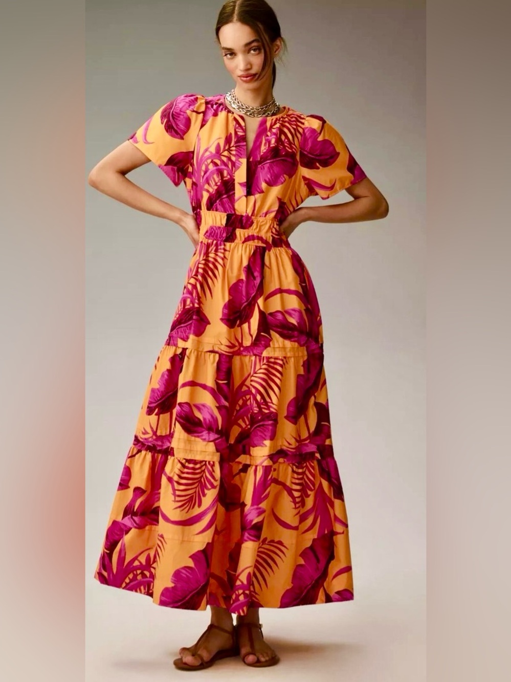 Anthropologie The Somerset Maxi Dress Orange Papaya Tropical Size S